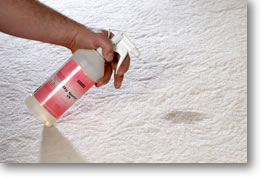 Spraying cleaner on a spot to be removed